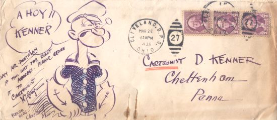 1935 W.L. Evans original sketch of Popeye sent to D. Kenner